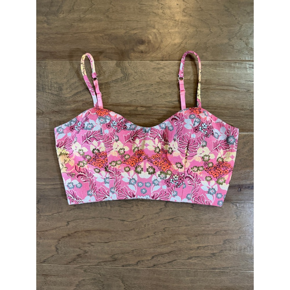 Bebe‎ Pink Floral Brocade Bustier Crop Top Sweetheart Zip Back Size 8